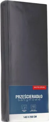 A rolled-up dark gray satin bedsheet is presented vertically against a light gray background.