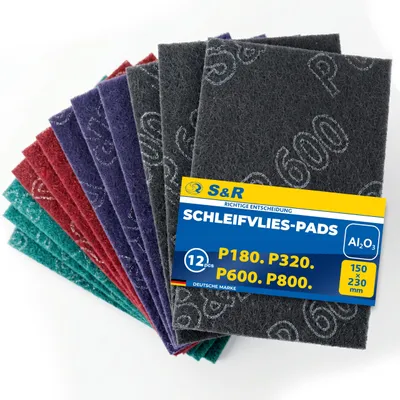 Zdjęcie produktu dla Zestaw 12 sztuk szlifierskich mat z włókniny – maty szlifierskie, materiał szlifierski do metalu, drewna, stali i stali nierdzewnej, materiał szlifierski do szlifowania i polerowania, gradacja P180-P320-P600-P800