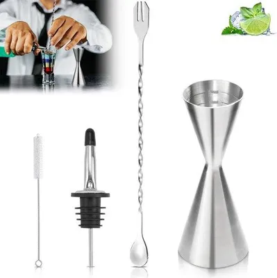 Image de Doseur en acier inoxydable 30/60 ml pour cocktails, avec cuillère et pinceau, couleur argent