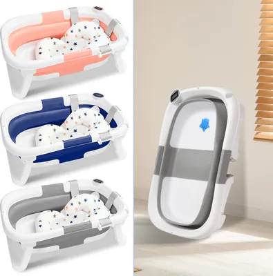 Produktbild von TolleTour Baby Badewanne Babywanne Bathtub Badesitz faltbar mit Thermometer und verstärkten Haltegurten für Babys für 0-6 Jahre Blau