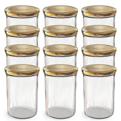 A collection of twelve clear glass jars with gold lids, arranged in three rows of four.