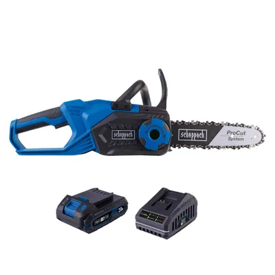 Imagen del producto de Sierra de cadena inalámbrica Scheppach C-CS254-X | Barra ProCut de 10''/25,4 cm, longitud de corte de 20 cm | Sistema anti-retroceso | 6 m/s | 20V | Incluye batería de 2Ah + cargador de 2,4A