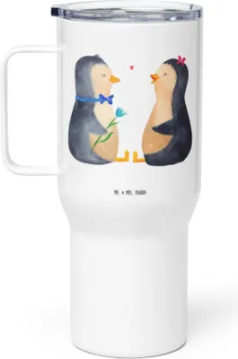 Produktbild von Mr. & Mrs. Panda Kaffee-to-go-Becher Pinguin Pärchen - Weiß - Geschenk, To-Go-Becher, Hochzeitsgeschenk, Liebe, Hochzeit, Verknallt, thermosbecher, Teetasse, Thermobecher