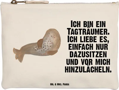 Produktbild von Mr. & Mrs. Panda kosmetiktäschchen Robbe Lachen Größe M - Weiß - Geschenk, Stifteetui, Etui, Baumwolltasche, Ostsee, Seehund, Nordsee, Mäppchen, Kulturbeutel, Strand