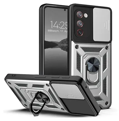 A product shot of a phone case with a ring holder and camera cover.