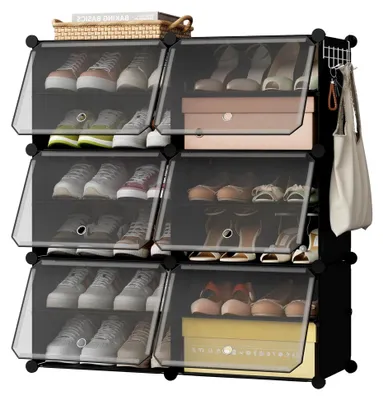 Produktbild von Schuhregal, Schuhschrank mit 6 Fächern, Platzsparend, Mit Haken, Schuhablage Kunststoff, für Flur Schlafzimmer Eingang, Schuhaufbewahrung für 24 Paar Schuhe,Bis Größe 44, Schwarz