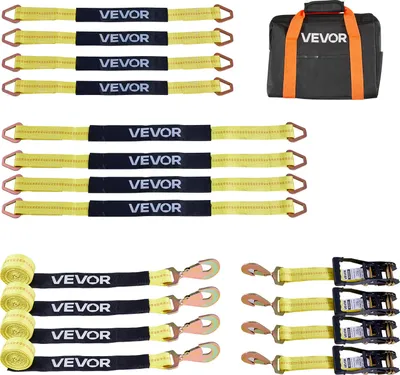 Zdjęcie produktu dla Pas napinający do kół VEVOR (50,8 x 2438,4 mm) z hakiem sprężynowym i wytrzymałością na rozciąganie 4540 kg oraz udźwigiem 1512 kg, system napinania kół motocyklowych pas blokujący oponę pas do przyczep SUV żółty
