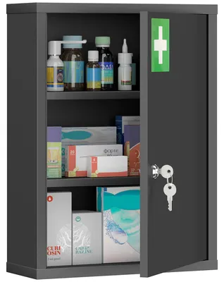 Productafbeelding van Wandgemonteerde medicijnkast met slot, stalen wandkast met 3 vakken, 40 x 15 x 53,5 cm, zwart
