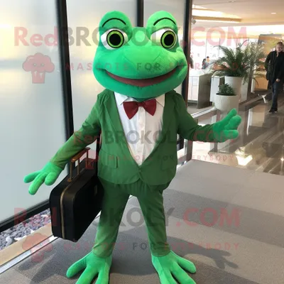 Produktbild von Maskottchen REDBROKOLY kostüm Waldgrüner Frosch gekleidet in ein Hemd und Geldbörsen