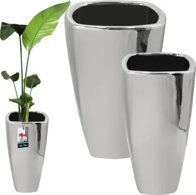 Produktbild von KOTARBAU® 2er Set Keramik Blumentopf 28,5 x 56 cm / 36,5 x 59 cm Silber Blumen Übertopf Blumentöpfe Keramik Blumentopf Keramik Blumenübertopf Keramik Übertöpfe für Zimmerpflanzen Übertopf