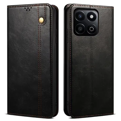 A black leather flip phone case is shown from two angles.
