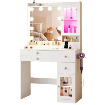 Produktbild von Schminktisch mit LED-Spiegel & Vitrine | 90 cm breit | USB & Steckdose | RGB-Beleuchtung | viel Stauraum | Weiß