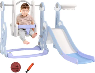 Immagine prodotto di AIYAPLAY Gioco per Bambini 4 in 1 con Scivolo, Altalena, Arrampicata e Canestro, 147.5x160x107 cm, Azzurro Chiaro