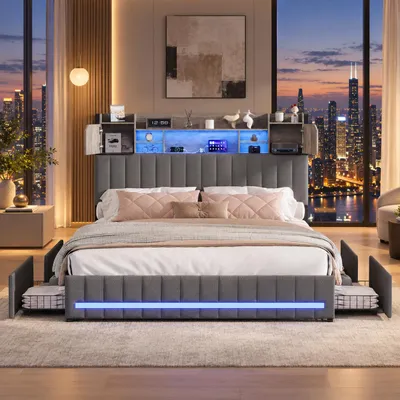 Image de Lit tapissier INONEFT 160x200 cm avec LED et ports USB, 4 tiroirs, lit pour adolescents avec tête de lit pleine et espace de rangement, structure de lit avec sommier à lattes, couleur gris lin, Image générée par une IA