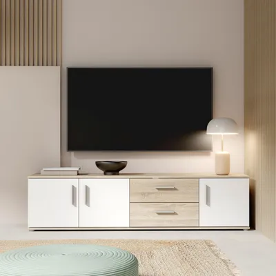 Produktbild von Forte IKOLI TV Schrank 180, modernes Lowboard mit 3 Türen und 2 Schubladen, Wohnzimmer, Holzwerkstoff, Weiß mit Sonoma Eiche Holzdekor, 174,3 cm breit x 43,3 cm hoch x 41,3 cm tief
