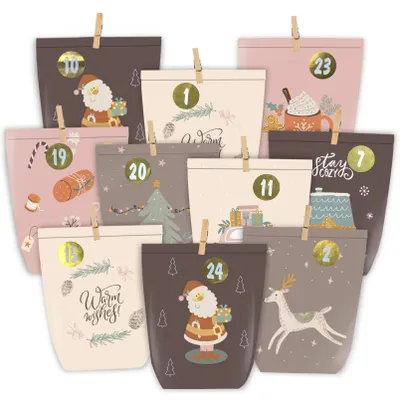 Productafbeelding van Adventskalender om zelf te vullen - 24 papieren zakjes met cijferstickers - Voor zelf maken