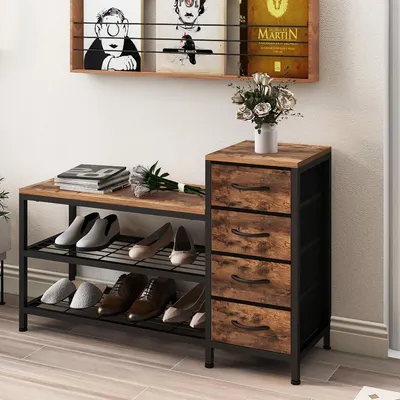 Immagine prodotto di Panca porta scarpe a 3 ripiani con 4 cassetti e seduta, struttura in metallo e superficie in legno, colore marrone, dimensioni 100x30x64 cm