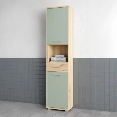 Produktbild von Forte CHAMP Badschrank 40, moderner, hoher Badschrank mit 2 Türen und 1 Schublade, offenes Regalfach, Holzwerkstoff, Artisaneiche Holzdekor mit Salbei, 40,1 cm breit x 183,6 cm hoch x 28,9 cm tief