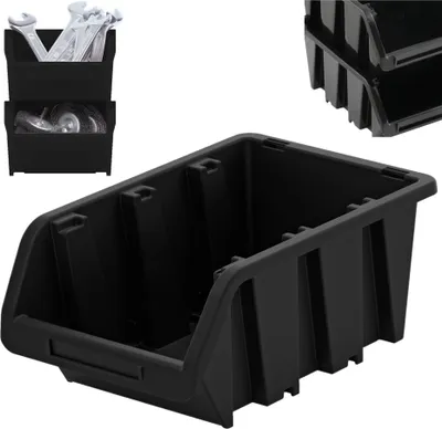 A black storage bin is shown in a studio setting.