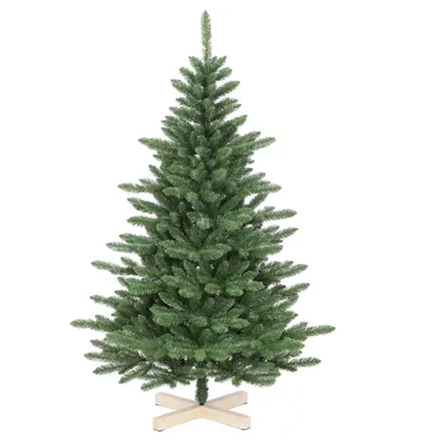 A green artificial Christmas tree with a wooden stand, isolated on a white background.