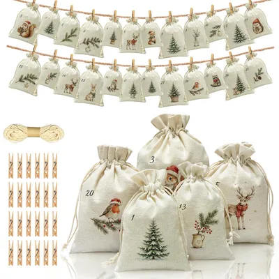 Adventskalender zum Befüllen, 24 weiße Stoffbeutel, 20x15 cm