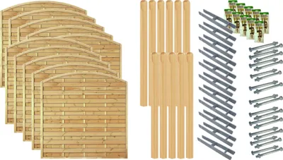 A collection of wooden fence panels, wooden posts, and metal fence fittings are displayed against a white background.