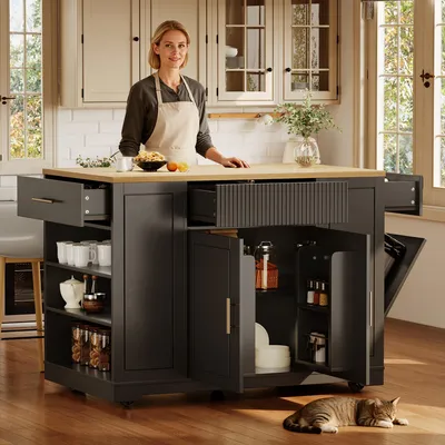 Produktbild von Kücheninsel, Küchenschrank, Buffetschrank, 120 x 50 x 92, Servierwagen, mobile Kücheninsel, Küchenwagen mit Rollen, mit Abfallbehälterfach, verstellbaren Einlegeböden, zwei Türen und drei Schublade