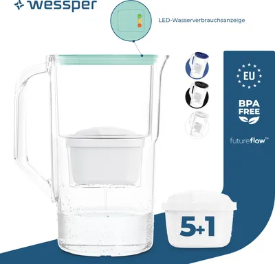 Immagine prodotto di Wessper Caraffa filtrante per acqua da 3,3 litri con contatore a LED Compatibile con Brita Maxtra | Set di 6 caraffe filtranti per acqua + cartuccia filtrante per acqua - Menta