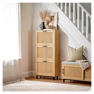 Produktbild von FSR155-N Schuhkipper mit 3 Klappen Schuhschrank schmal Schuhregal mit 6 Ablageflächen Schuhkommode Schuhablage Natur BHT ca. 60x127x24cm