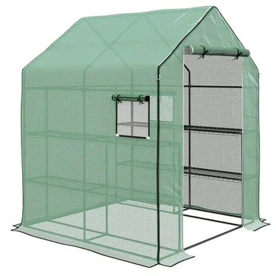 Image de Serre de jardin - Serre en film plastique avec porte et fenêtre - 3 niveaux d'étagères - Film en polyéthylène (PE) - 140 x 143 x 190 cm
