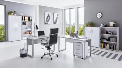 Produktbild von Büromöbel-Set TABOR PRO 1 in lichtgrau / weiß Hochglanz, Arbeitszimmer Komplett-Set