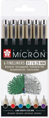 Produktbild von Pigma Micron Set, 6-tlg., Grundfarben Größe 0,25 mm