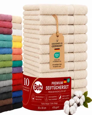 Produktbild von Betz Premium Seiftücher Set 10-teilig – 10× Seiftuch 30×30 cm, 100% Baumwolle 470 g/m², weich & saugstark, ® Farbe beige, KI-generiertes Bild