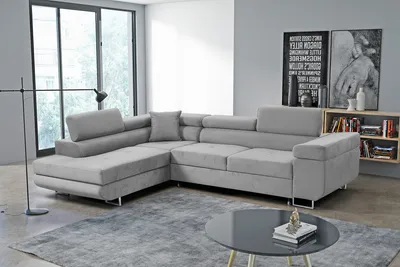 Image de Canapé d'angle Marlene III en L avec appuie-tête réglables Fonction couchage Coffre de rangement 271 cm Livraison à domicile Salon gauche (couleur : gris clair Vena 17)