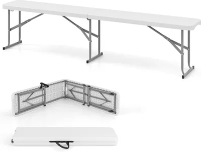 A white folding bench is shown in three different states: fully extended, partially folded, and fully folded.