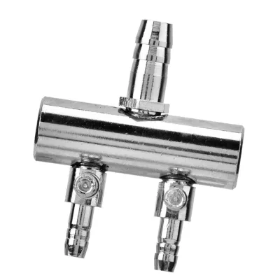 Imagen del producto de Válvula de control de flujo de aire para acuario, fabricada en acero inoxidable, con salida de 8 mm que se divide en dos salidas de 4 mm
