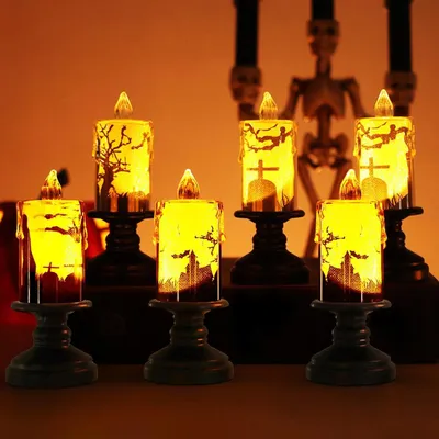 Produktbild von 6 Stück Halloween Deko Led Kerzen Flammenlose, Halloween Kerze Kürbis Deko, Halloween Deko Innen Herbst, Halloween Tischdeko Laterne Batteriebetriebene Indoor Outdoor, Led Kürbis Aesthetic Leuchtend