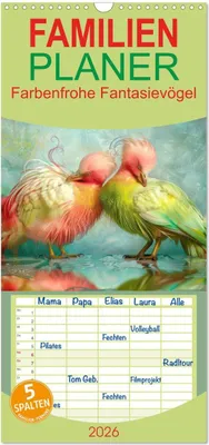 Produktbild von Familienplaner 2026 - Farbenfrohe Fantasievögel mit 5 Spalten (Wandkalender, 21 x 45 cm) CALVENDO