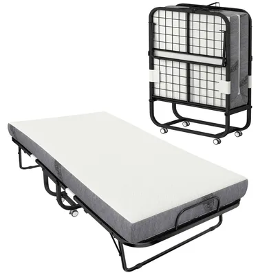 Produktbild von Klappbares Einzelbett 200 x 80 cm mit Matratze, faltbares und tragbares G?stebett auf Rollen, Stahlrahmen, wei?
