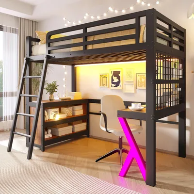Produktbild von Flieks Etagenbett 90x200cm mit Led, Kinderbett Jugendbett mit Schreibtisch und Gitterregal, Hochbett Metallbett mit Schrank, Stockbett Schwarz