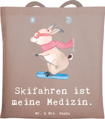 Produktbild von Mr. & Mrs. Panda Einkaufstüte Hase Skifahren - Braun Pastell - Geschenk, Jutebeutel, Ski fahren, Skisport, Tote Bag, Skirennen, stofftasche baumwolle, Uni Tasche