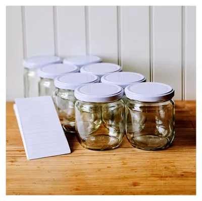 Produktbild von 24 Einmachgläser mit Schraubdeckel 450 ml - Einweckgläser mit Etiketten - Marmeladengläser mit weißem Deckel - Schraubgläser - Einmachglas