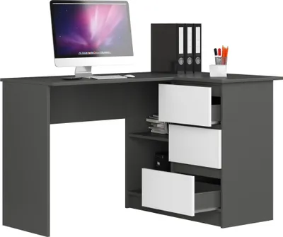 Produktbild von BDW, Eckschreibtisch rechts, 3 Schubladen, 4 Regale, Grau / weiß rechts