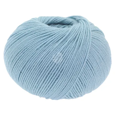 A single ball of light blue yarn.