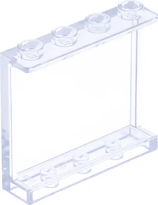 A transparent LEGO window panel with four studs on the top and three studs on the bottom.