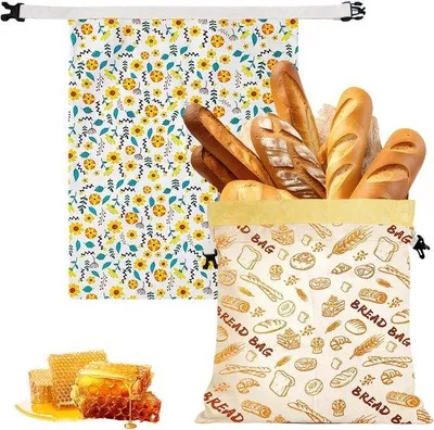 Produktbild von Pack mit 2 wiederverwendbaren Bienenwachstücher, 43x33 cm, Baumwoll-Aufbewahrungstaschen für Brot und Gebäck, waschbar und atmungsaktiv, nachhaltig und umweltfreundlich