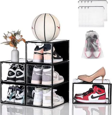 Image de Ensemble de 6 boîtes à chaussures transparentes Ibenzoa®, empilables – rangement gain de place pour les chaussures jusqu'à la taille 46, organisation robuste et pratique