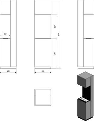 Technical drawings and a 3D rendering of a bioethanol fireplace.