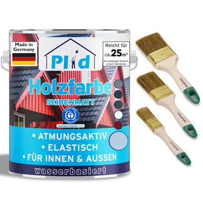 Produktbild von Plid Holzfarbe Taubenblau 2,5l + Pinselset 3-tlg. / Innen & Außen - Wetterschutzfarbe Holzfarbe Außen - Dauerhafte Holzschutzfarbe - Holzlack