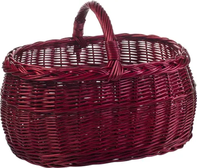 A red wicker basket with a handle, shown against a white background.